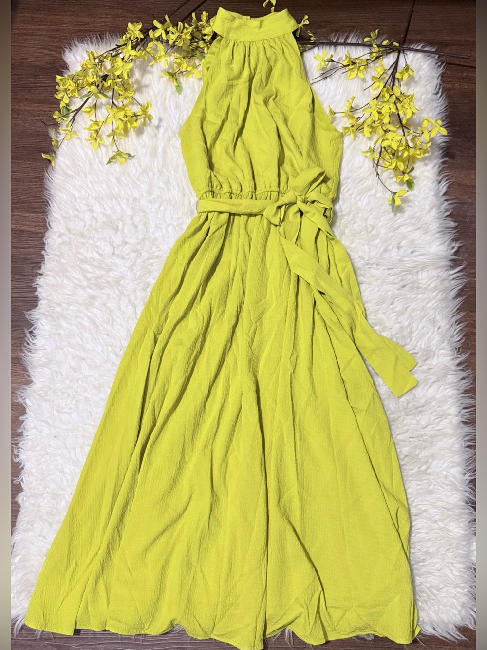 Worthington Chartreuse Halter Maxi Dress with Waist Tie